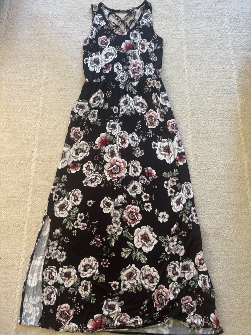 Maurices Black Floral Maxi Dress with Pink & White Flowers